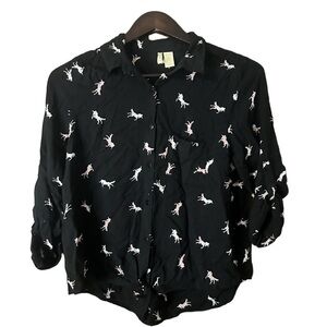 Japna Black Button-Up Blouse Top with Pink and White Unicorns Horse Design Sz L